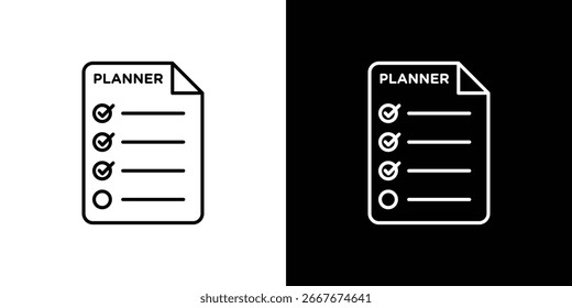 Icono de arte de línea de una lista de verificación del planificador, que se muestra en fondos blancos y negros. Ideal para App y Sitios web.