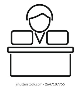 Line art icon of a politician speaking to a crowd from a tribune, wearing headphones for simultaneous translation
