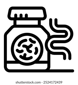 Ícone de arte de linha de um frasco de probióticos com símbolo de bactéria e intestino, representando melhoria da saúde intestinal