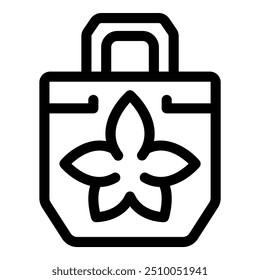 Line art icon of a reusable shopping bag with a flower, representing environmental consciousness