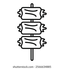 Line art icon of rolled meat skewers being grilled on a stick