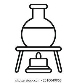 Line art icon of a round bottom flask containing liquid, being heated on a platform over a lit bunsen burner