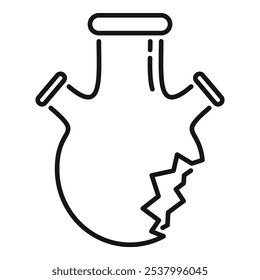 Line art icon of a round bottom flask with a crack, representing a failed experiment