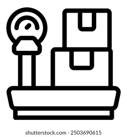 Icono de arte de línea de una escala que mide el peso de las cajas de cartón apiladas, concepto de logística y entrega