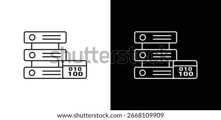 Line art icon of a server rack with binary code. Isolated on white and black backgrounds.