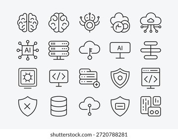 Line art icon set for artificial intelligence, cloud computing, data, and network security concepts