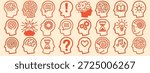 A line art icon set depicts red head profiles with varied brain and thought symbols, used for apps, infographics, and editorial designs.