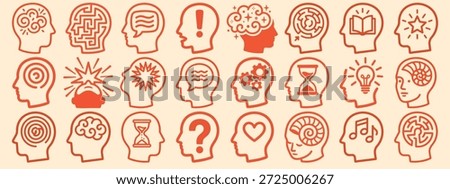 A line art icon set depicts red head profiles with varied brain and thought symbols, used for apps, infographics, and editorial designs.