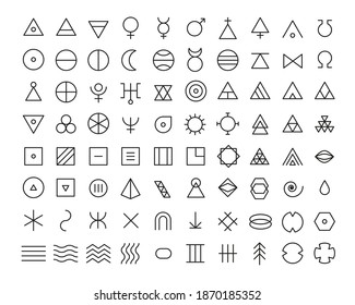 Line art icon set of esoteric glyphs, pictograms and symbols. Mystic and alchemy signs linear style