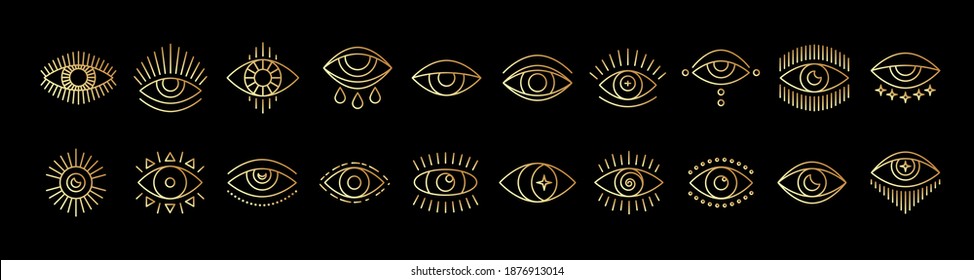 Line Art Icon Set Of Evil Seeing Eye. Gold Mystic Esoteric Signs Linear Style