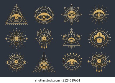 Line art icon set of evil seeing eye. Gold mystic esoteric signs linear style. Hand drawn various Turkish symbol eye talismans.