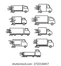 Linha de arte ícone conjunto de caminhões de entrega rápida e vans ilustrando logística, transporte e serviços de transporte expresso, movimentação de carga, encomendas de correio, frota e conceitos de cadeia de suprimentos
