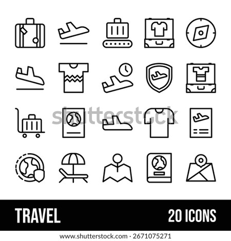 Line art icon set featuring various travel symbols, including airplanes, luggage, passports, and clothing, perfect for tourism and vacation projects