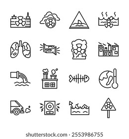 Line Art Icon Set of Global Warming Factory Waste Pollution Nature World