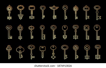 Line art icon set of key. Golden 
retro signs linear style