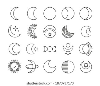 Icono de línea de arte conjunto de luna. Signos celestes místicos estilo lineal