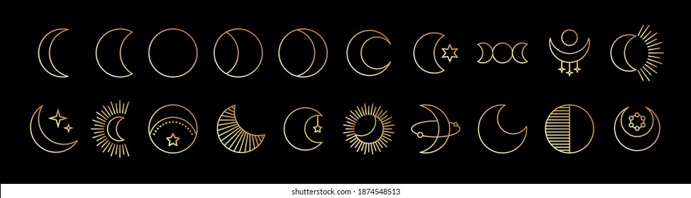 Line Art Icon Set Of Moon. Gold Mystic Celestial Signs Linear Style