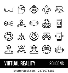Line Art Icon Set, das virtuelle und erweiterte Realität darstellt, einschließlich VR-Headsets, Smartphones und 360-Grad-Konzepten