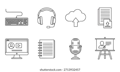 Line Art Icon Set Representing Technology Communication Education And Presentation Concepts With Modern Simple Style
