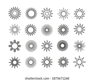 Line art icon set of sun. Mystic celestial signs linear style