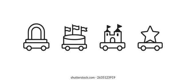 Line art icon set of toy cars with fun elements: dome, flags, castle, star.