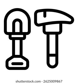 Line art icon of a shovel and a hammer, useful for representing construction or diy projects
