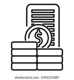 Icono de arte lineal que muestra monedas apiladas y un informe financiero, que simboliza la inversión y el beneficio