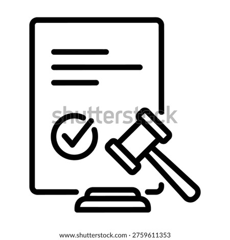 Line art icon showing a document with a checkmark and a gavel, symbolizing law, justice, and legal agreement