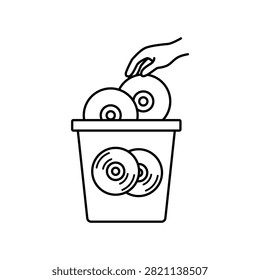 Line art icon showing a hand dropping optical CD and DVD discs into a dedicated plastic disc recycling bin.