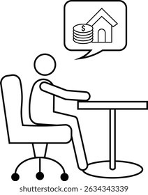 Line art icon showing a stick figure sitting at a desk with a speech bubble containing a stack of coins, money and a house. Represents financial goals, saving for a home, investment.
