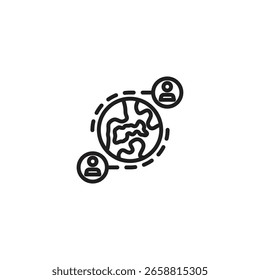 A line art icon shows a globe with dashed lines circling it. Two stick figures, representing people, are positioned on opposite sides of the globe, connected by the dashed lines.