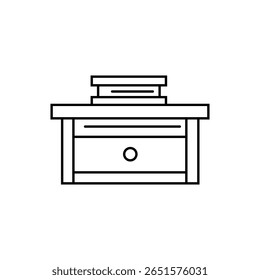 Line art icon of a simple desk with a drawer and stacked books on top. Ideal for study, office, or home decor concepts.