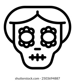 Line art icon of a skull with flowers around the eyes, representing the day of the dead