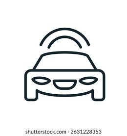 Line art icon of a smart car connecting to a network, representing the concept of artificial intelligence in the automotive industry