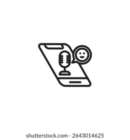 A line art icon of a smartphone displaying a microphone and a happy face in a speech bubble, suggesting voice recording, voice search, or a positive voice assistant interaction.