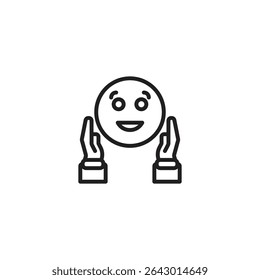 A line art icon of a smiling face emoji being held or presented by two hands. Suggests positive feedback, appreciation, or offering a happy sentiment.
