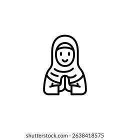 Line art icon of a smiling Muslim woman wearing a hijab, hands clasped in greeting.