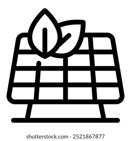 Line art icon of a solar panel generating clean energy, with leaves symbolizing its environmental friendliness