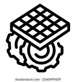 Line art icon of a solar panel sitting on top of two gears, representing renewable energy for industrial purposes