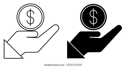 Icono de arte lineal y un icono negro sólido de una mano que sostiene una moneda con un signo de dólar.