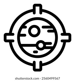 Line art icon of a spacecraft navigation system locking onto a planet for interstellar travel