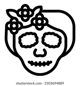 Line art icon of a sugar skull wearing a crown of flowers, celebrating the day of the dead