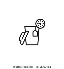 A line art icon of a teacup with a tea bag and a timer or clock, suggesting brewing time, tea preparation, or a timed infusion.