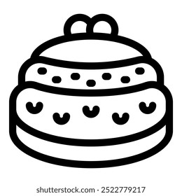 Line art icon of a three layered cake with frosting and sprinkles, perfect for projects related to birthdays, celebrations, and sweet treats