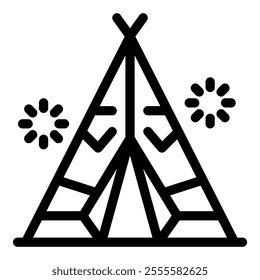 Line art icon of a traditional native american teepee decorated for a festival, symbolizing cultural heritage and celebration