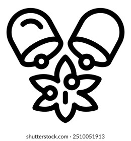 Line-Art-Ikone von zwei Kapseln, die ihren Inhalt auf einer Blume ausgießen, die natürliche Heilmittel und alternative Medizin darstellt