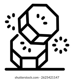 Line art icon of two hexagonal molecules colliding and releasing energy particles
