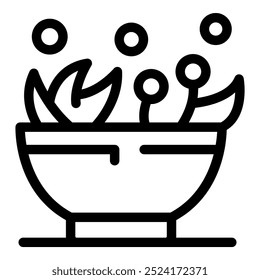 Line art icon of various herbs and spices being combined in a bowl, representing cooking and flavor