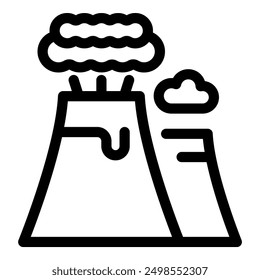 Line art icon of a volcano erupting, with smoke billowing and lava flowing down its side