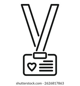 Line art icon of a volunteer identity card hanging on a lanyard, symbolizing charity and social work